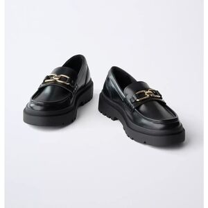 Girls Zara Black Loafers with Gold Chain Detail